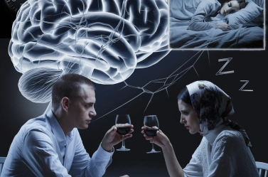 Мужчина и женщина, сидящие за столом с бокалами вина. На заднем плане — полупрозрачное изображение мозга, внутри которого видны нейроны и химические процессы, символизирующие воздействие алкоголя. Рядом с мозгом — часы, показывающие ночное время, и прерывистые линии, обозначающие нарушение сна. 