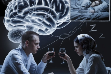 Мужчина и женщина, сидящие за столом с бокалами вина. На заднем плане — полупрозрачное изображение мозга, внутри которого видны нейроны и химические процессы, символизирующие воздействие алкоголя. Рядом с мозгом — часы, показывающие ночное время, и прерывистые линии, обозначающие нарушение сна. 